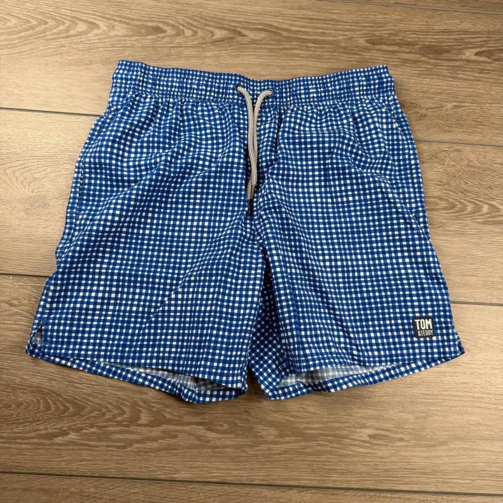 Tom & Teddy Mens Swim Trunks Gingham Check Blue White Size M